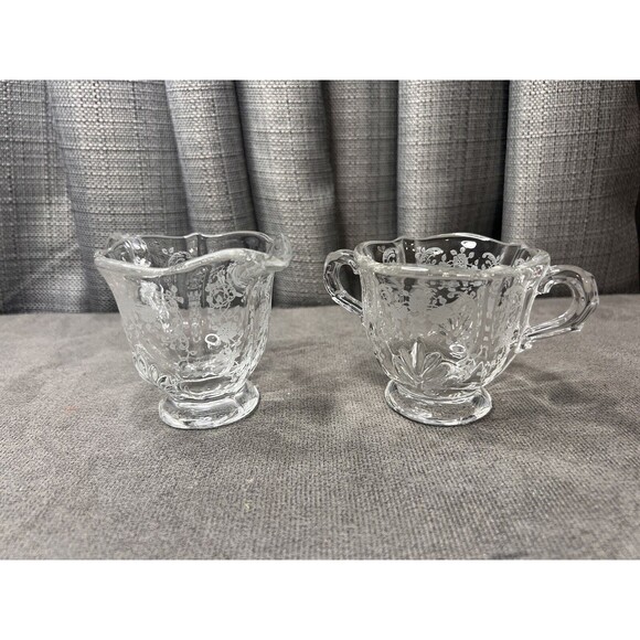 VTG Fostoria Meadow Etched Clear Glass Creamer Sugar Tray - Picture 2 of 13